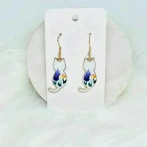 White Floral Cat Enamel Earrings